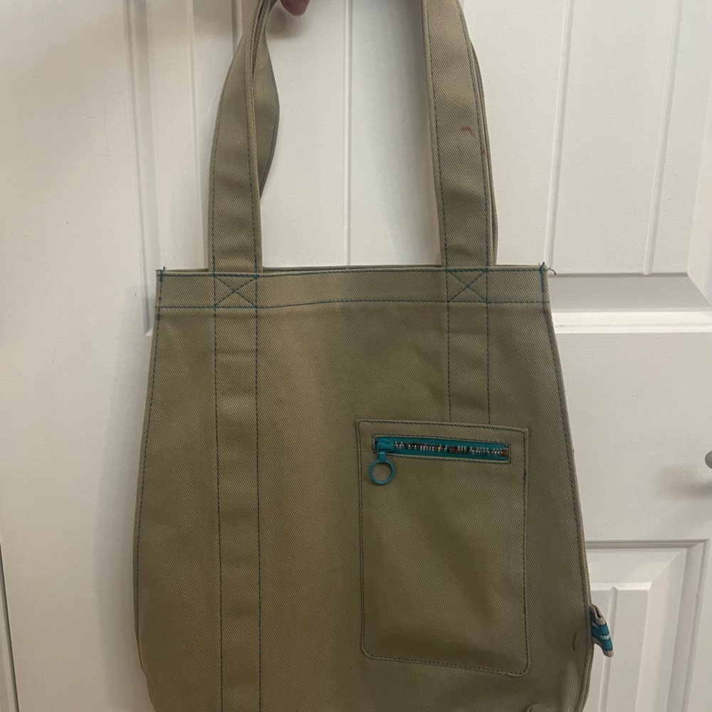 GAP brown canvas tote with turquoise stitching